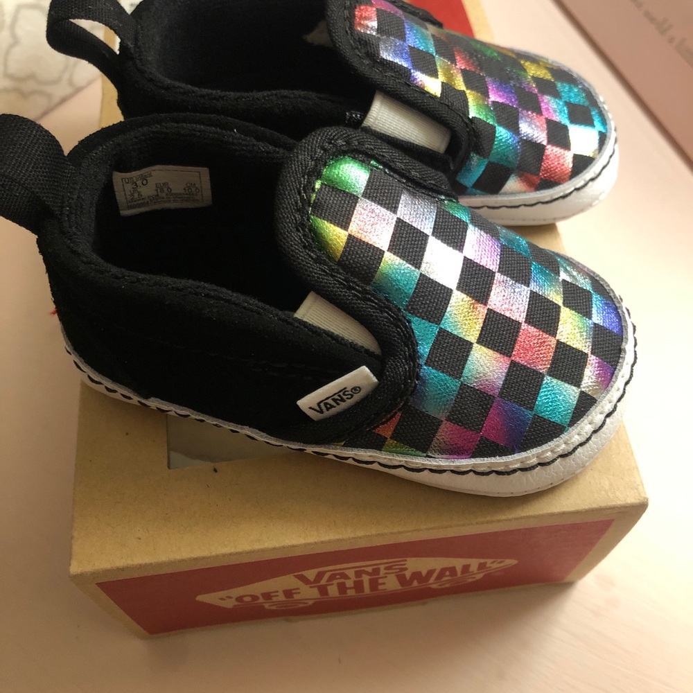 Vans baby crib shoes size 3 black with iridescent check